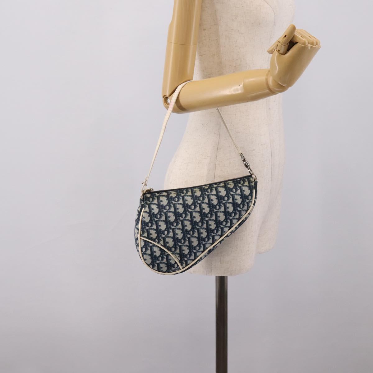 Christian Dior Trotter Saddle Pouch PVC Navy Silver Auth mr2963A