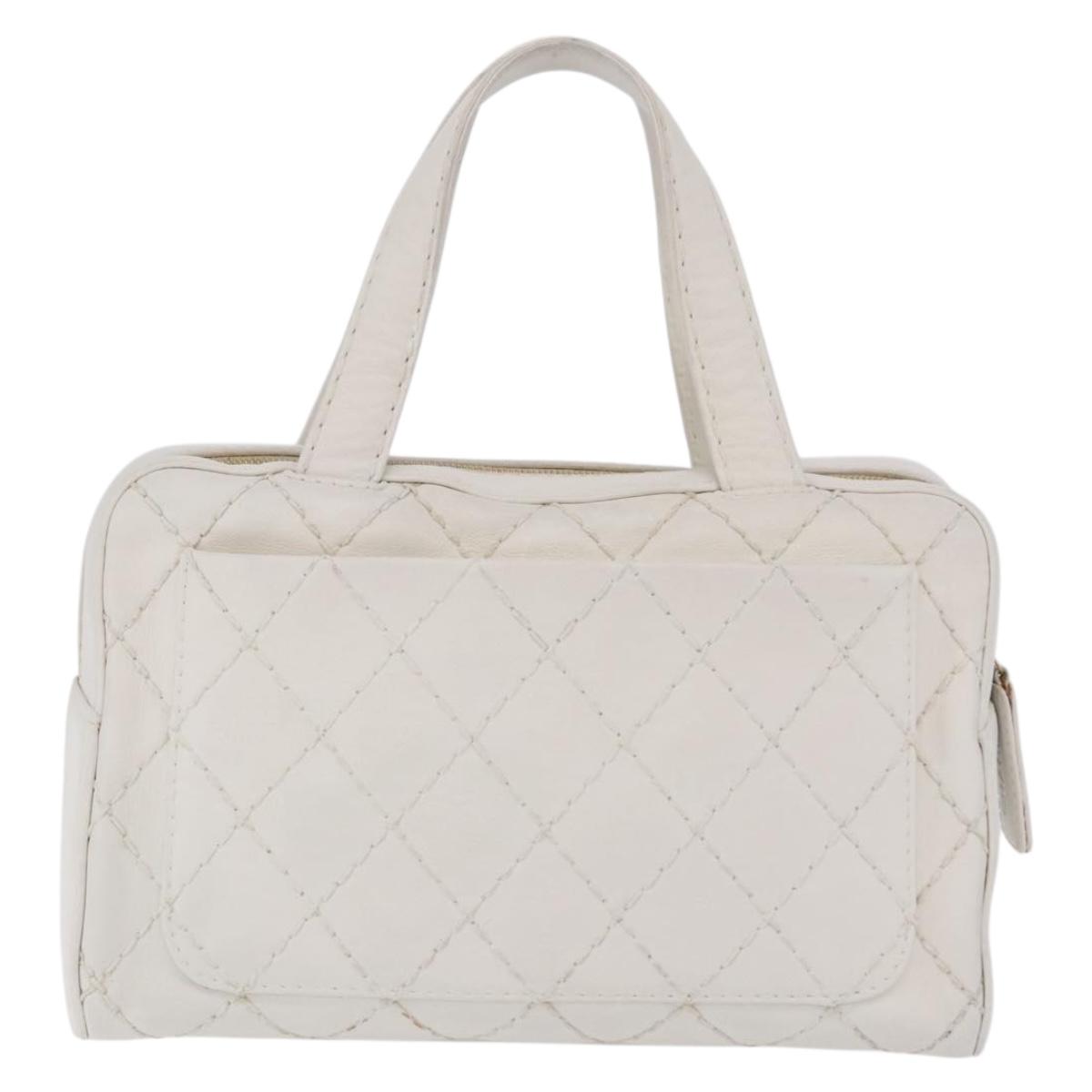 CHANEL Wild Stitch Hand Bag Leather White Gold Tone CC Auth mr2972