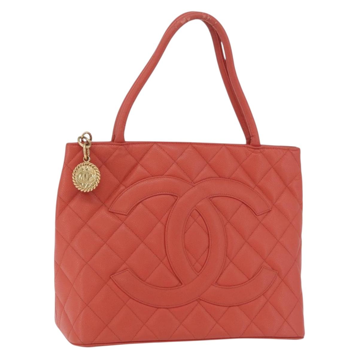 CHANEL Hand Bag Caviar Skin Orange Gold Tone CC Auth mr2973A
