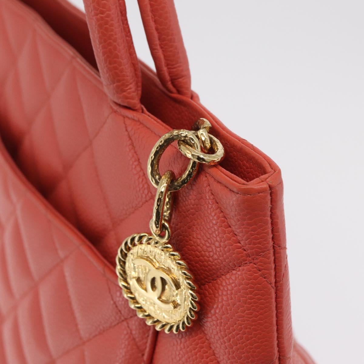 CHANEL Hand Bag Caviar Skin Orange Gold Tone CC Auth mr2973A