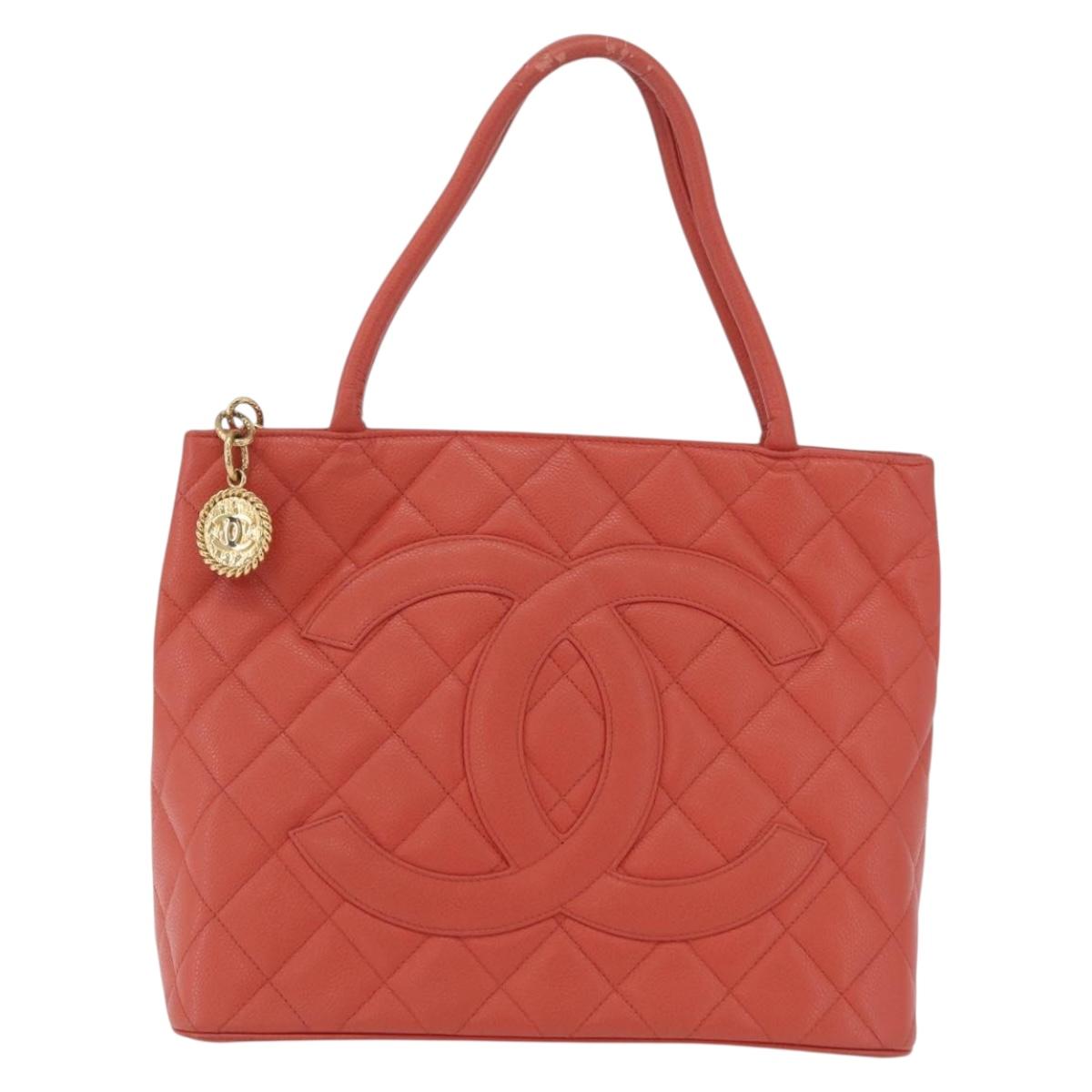 CHANEL Hand Bag Caviar Skin Orange Gold Tone CC Auth mr2973A