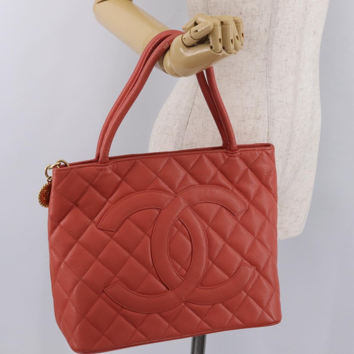 CHANEL Hand Bag Caviar Skin Orange Gold Tone CC Auth mr2973A