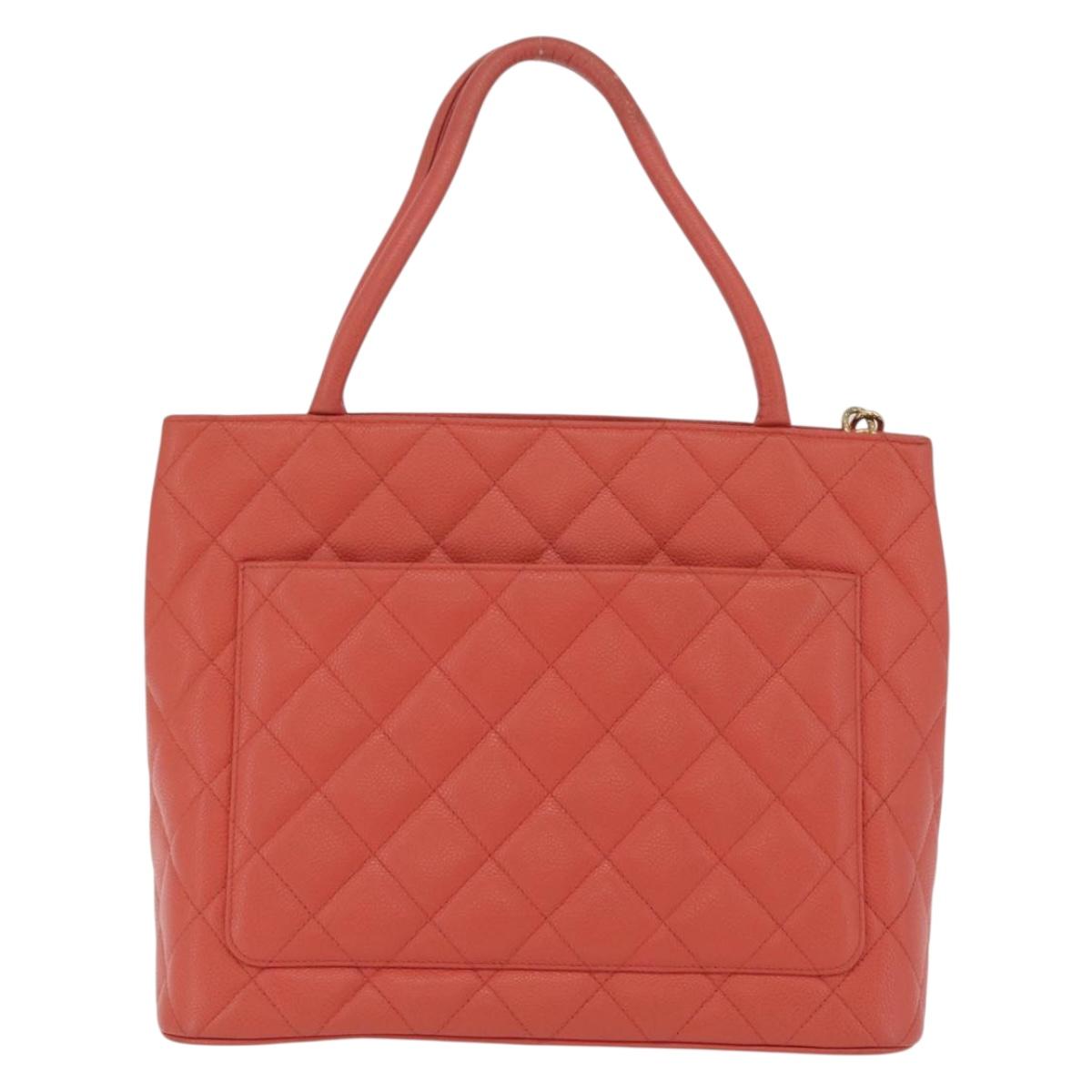 CHANEL Hand Bag Caviar Skin Orange Gold Tone CC Auth mr2973A