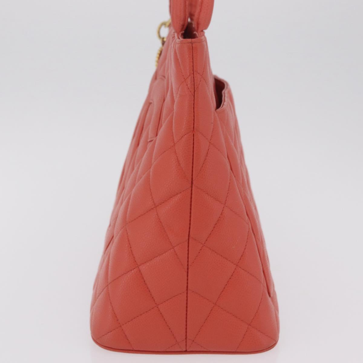 CHANEL Hand Bag Caviar Skin Orange Gold Tone CC Auth mr2973A