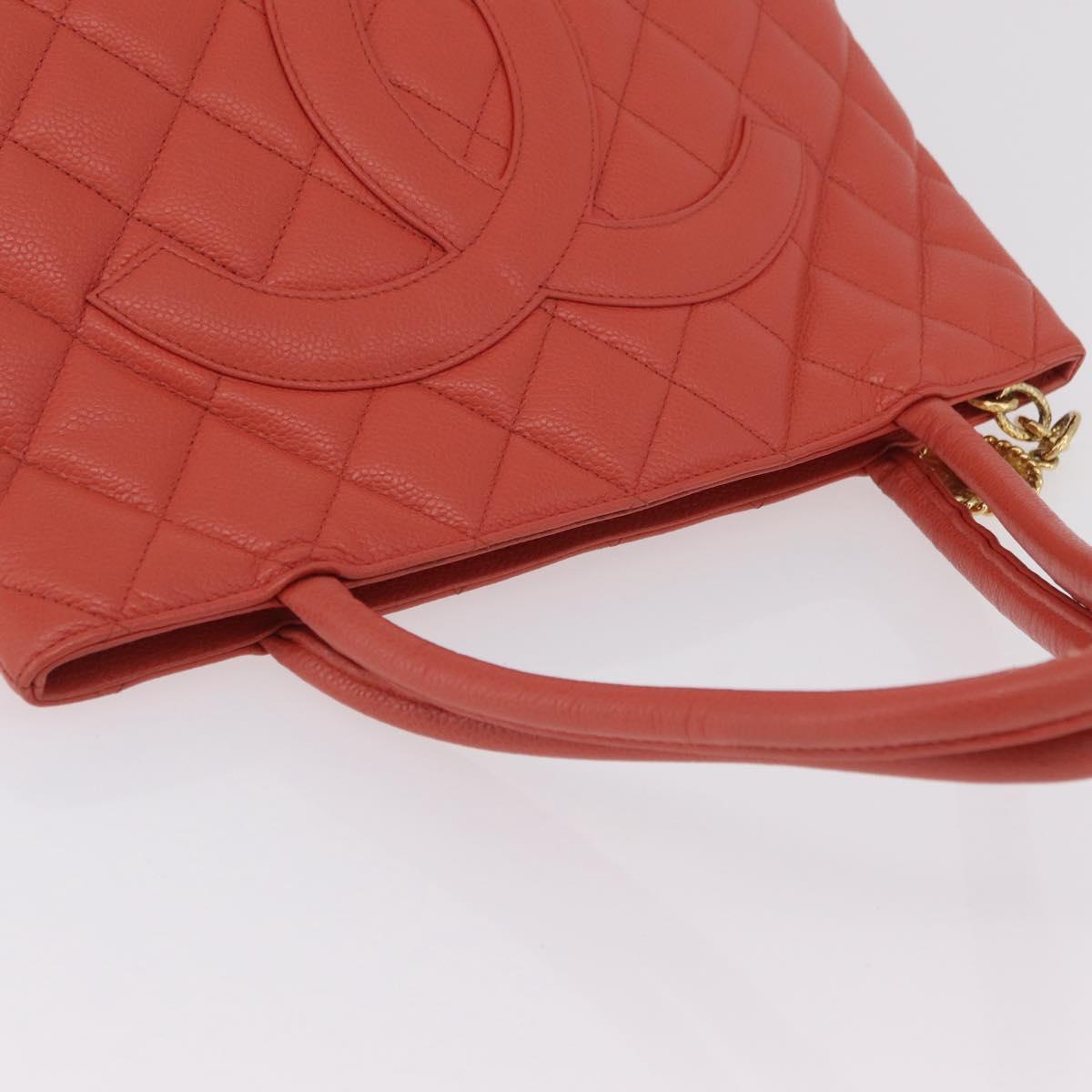 CHANEL Hand Bag Caviar Skin Orange Gold Tone CC Auth mr2973A