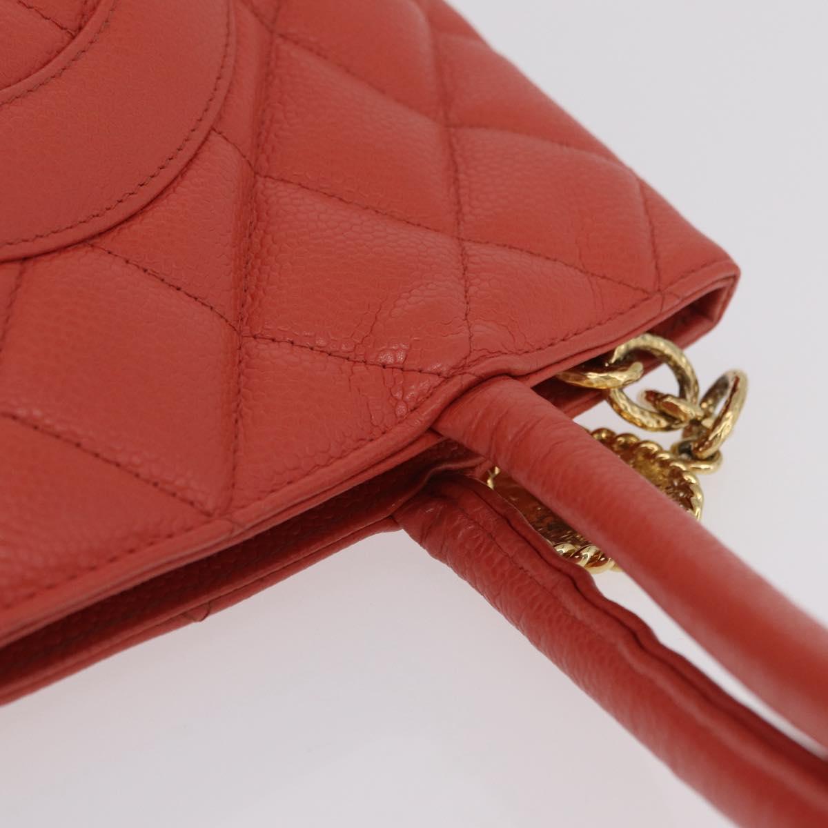 CHANEL Hand Bag Caviar Skin Orange Gold Tone CC Auth mr2973A
