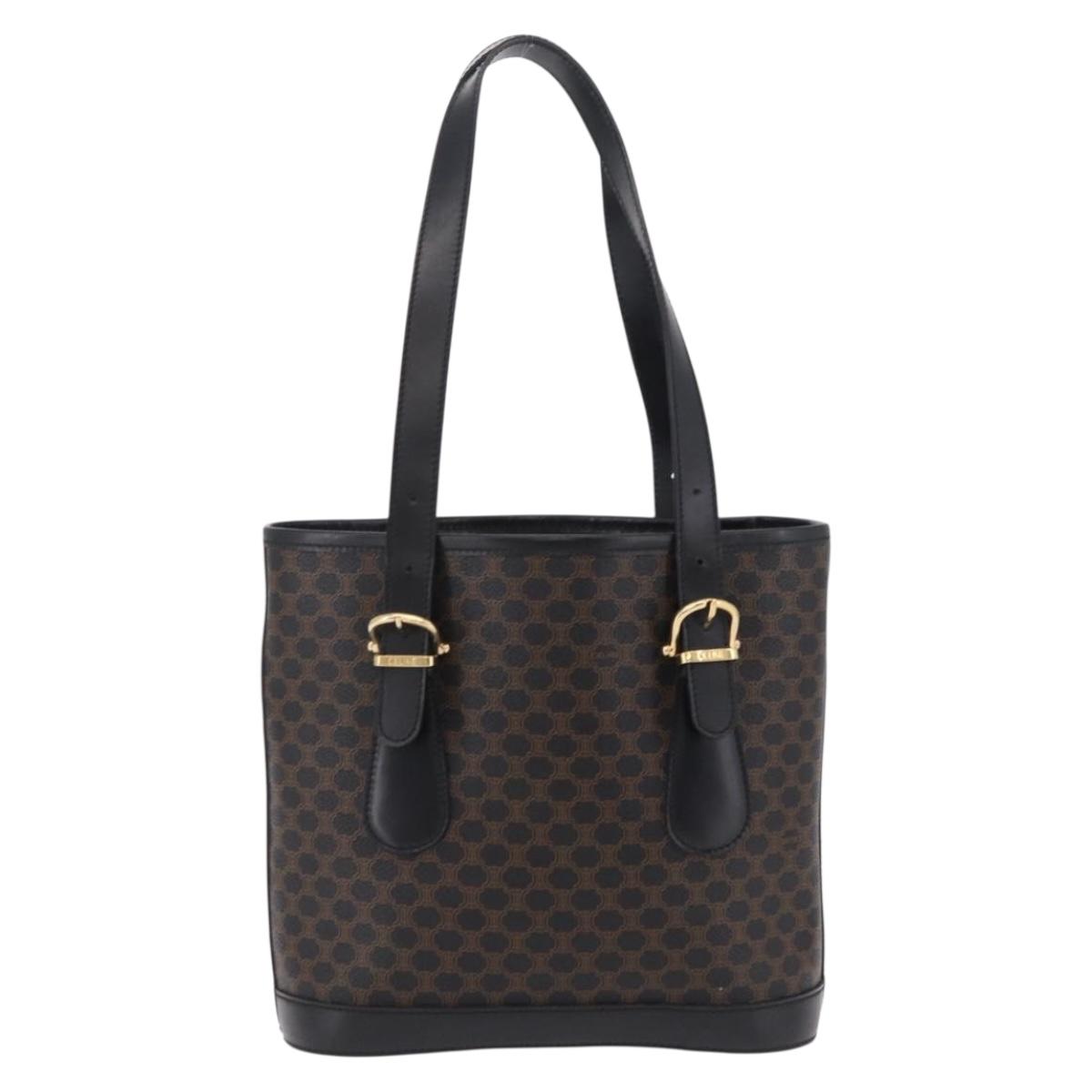 CELINE Macadam Canvas Tote Bag PVC Black Gold Tone Auth mr2983A
