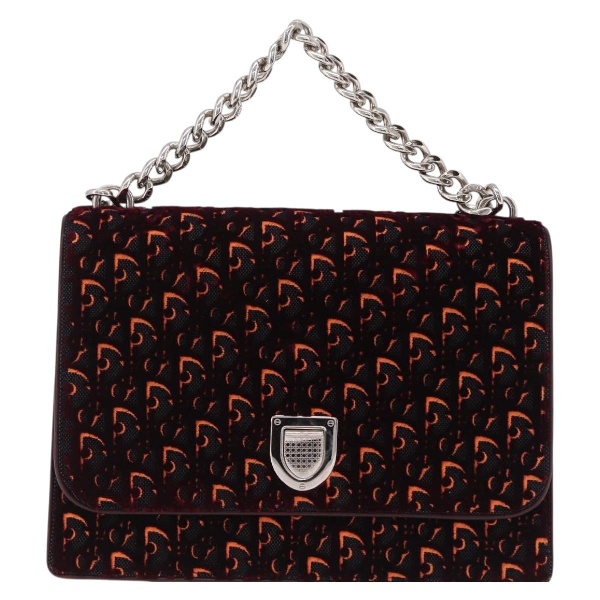 Christian Dior Oblique Diorama Hand Bag Velor 2way Red Silver Auth mr2986V