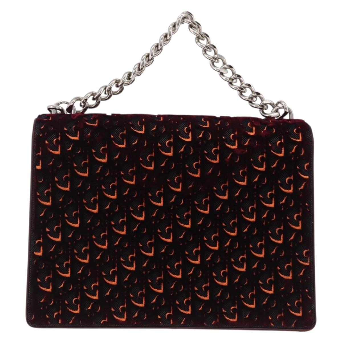 Christian Dior Oblique Diorama Hand Bag Velor 2way Red Silver Auth mr2986V