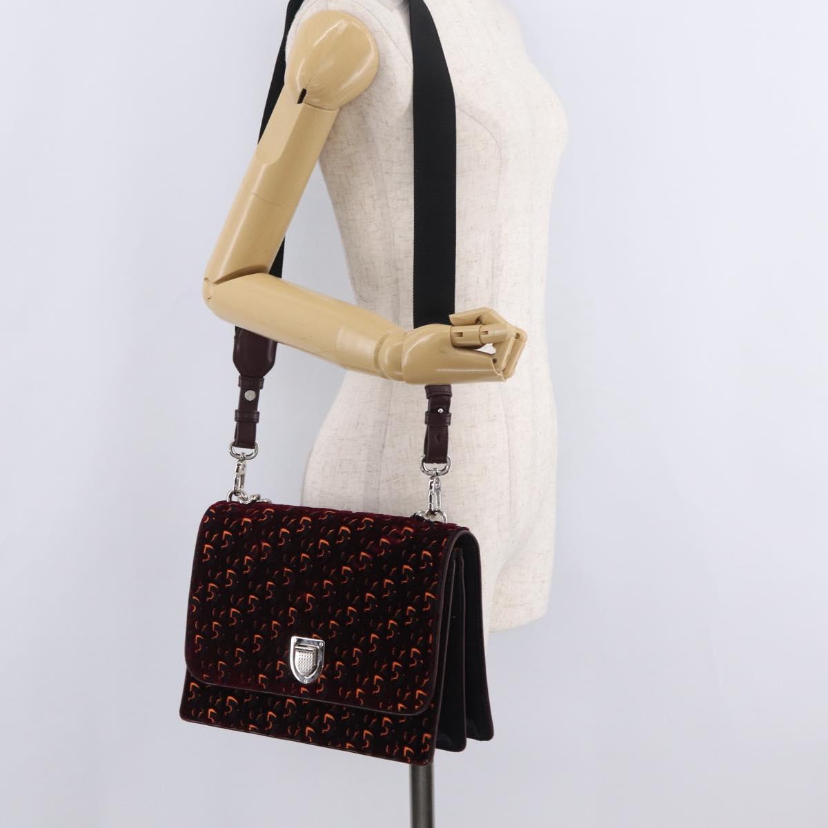 Christian Dior Oblique Diorama Hand Bag Velor 2way Red Silver Auth mr2986V