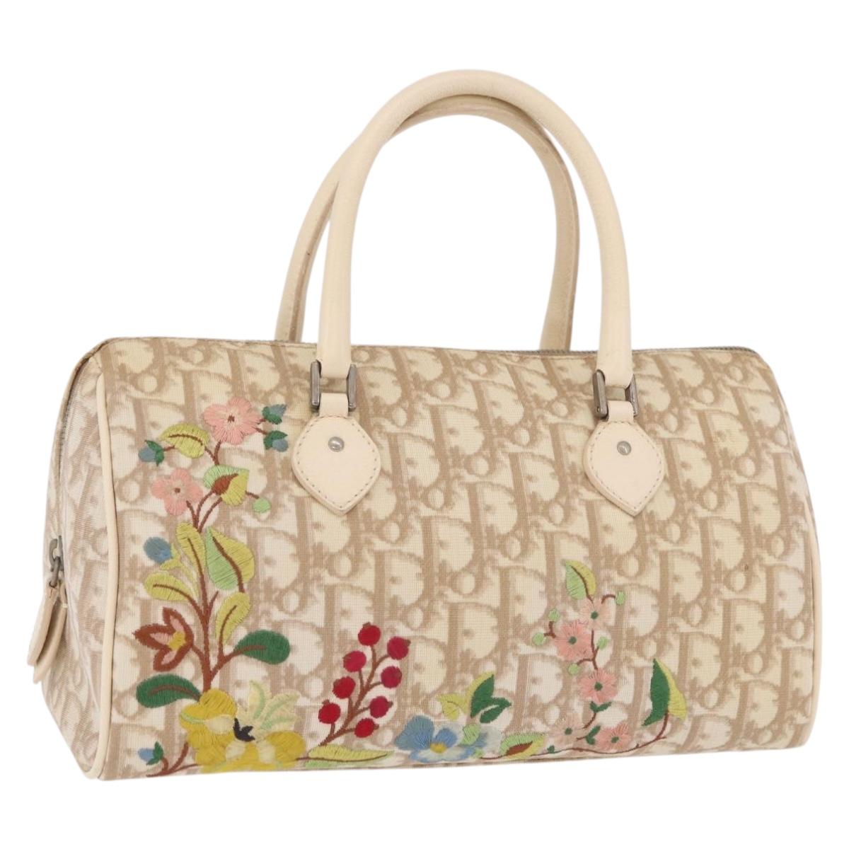 Christian Dior Trotter Floral Hand Bag PVC Beige Silver Auth mr2988V
