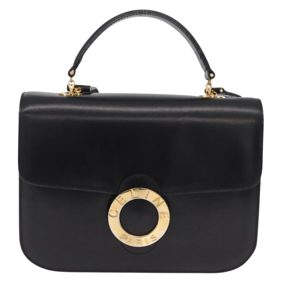 CELINE Hand Bag Leather 2way Black Gold Tone Auth mr2993