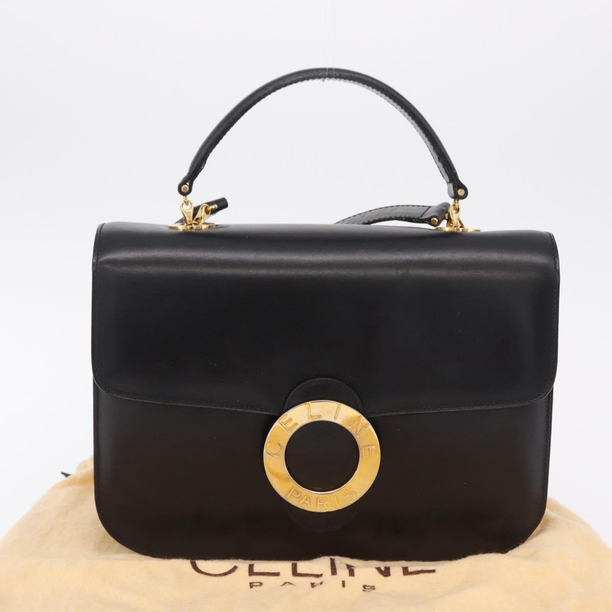CELINE Hand Bag Leather 2way Black Gold Tone Auth mr2993