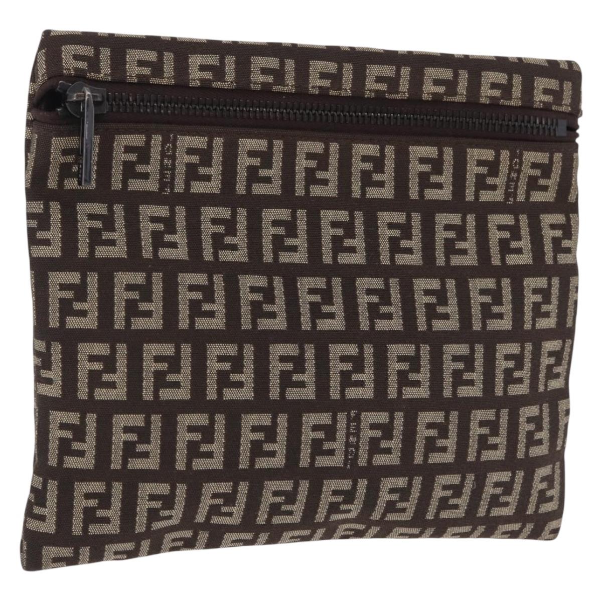 FENDI Zucchino Canvas Pouch Brown Silver 7N0013 Auth mr2999