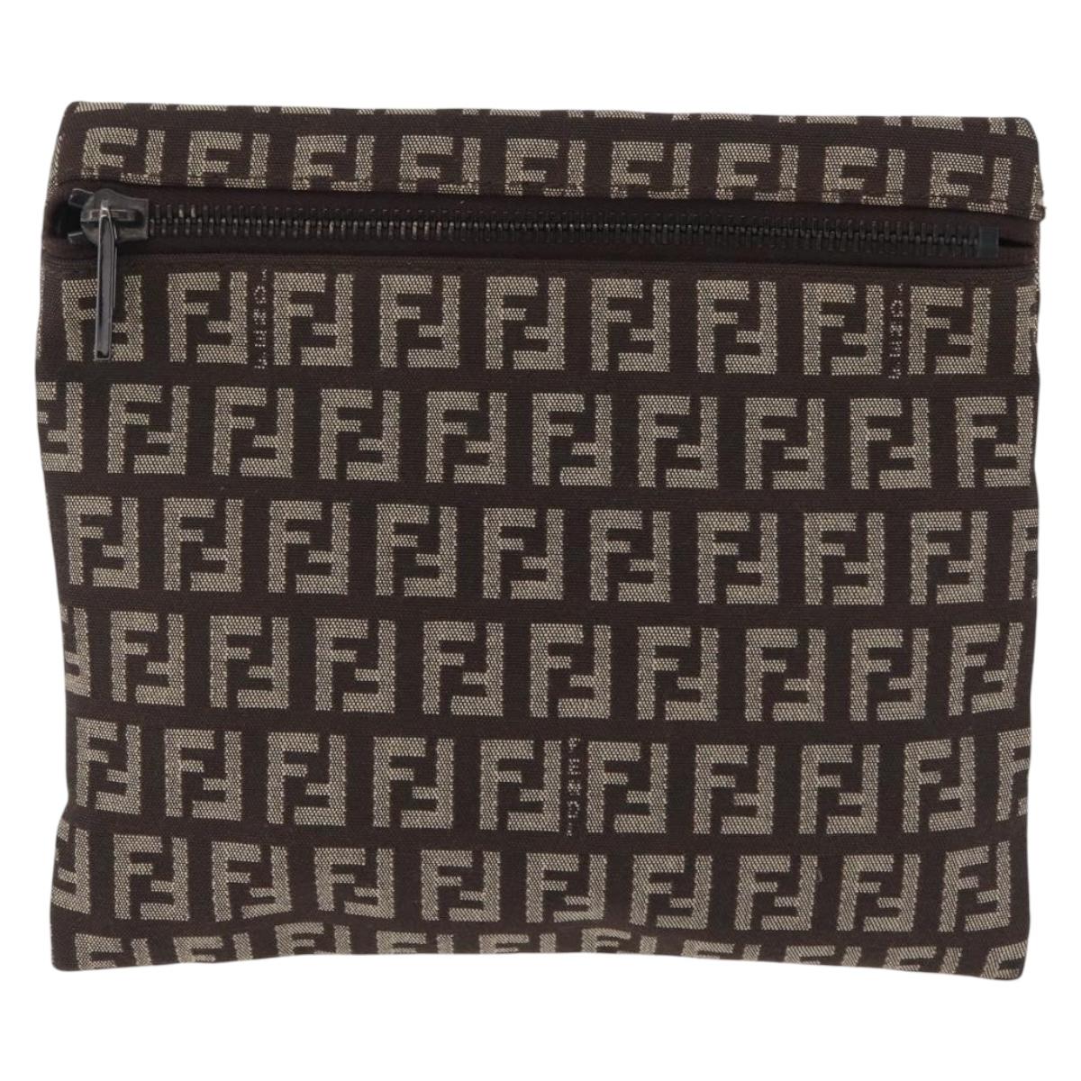 FENDI Zucchino Canvas Pouch Brown Silver 7N0013 Auth mr2999