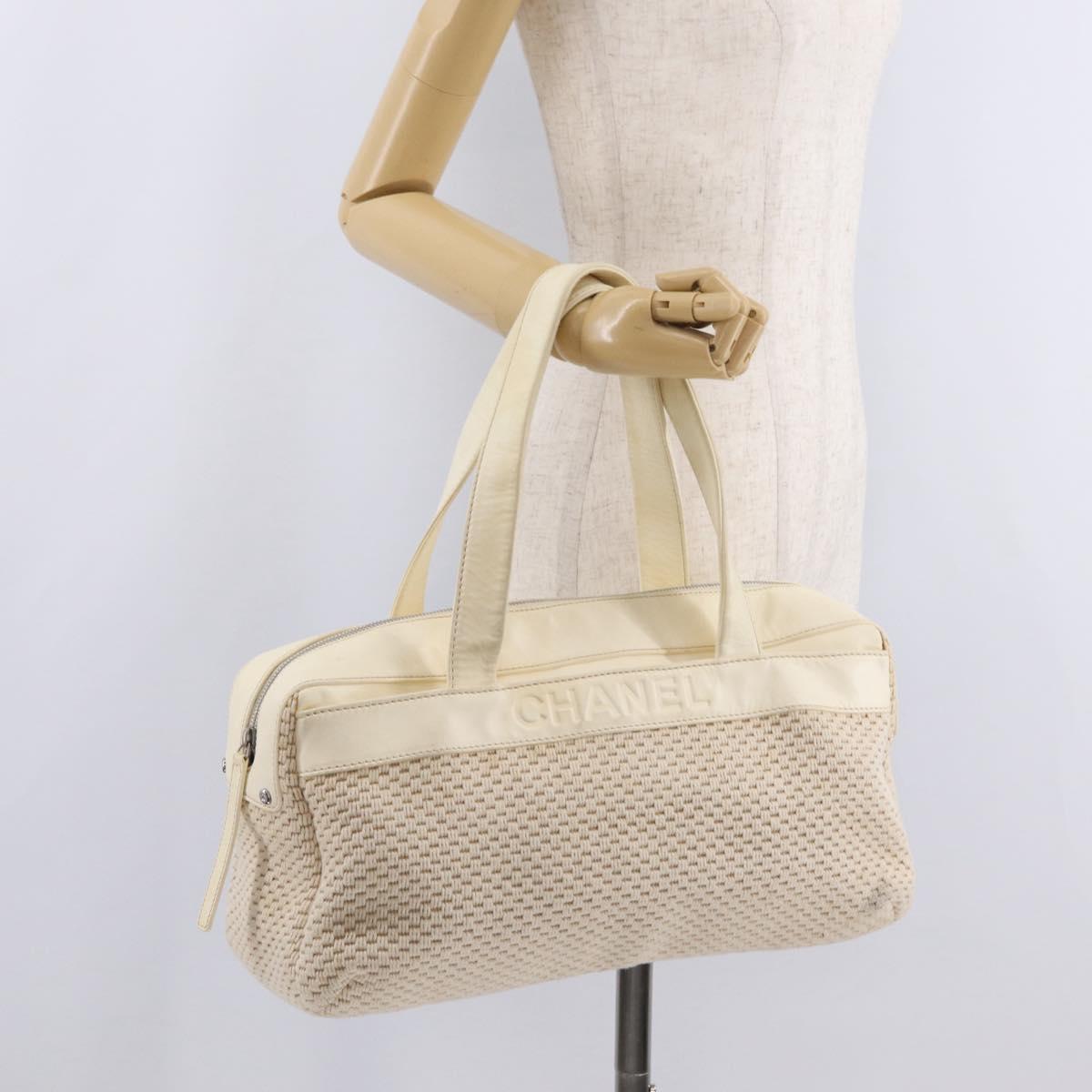 CHANEL Hand Bag Canvas Beige Silver CC Auth mr3001A
