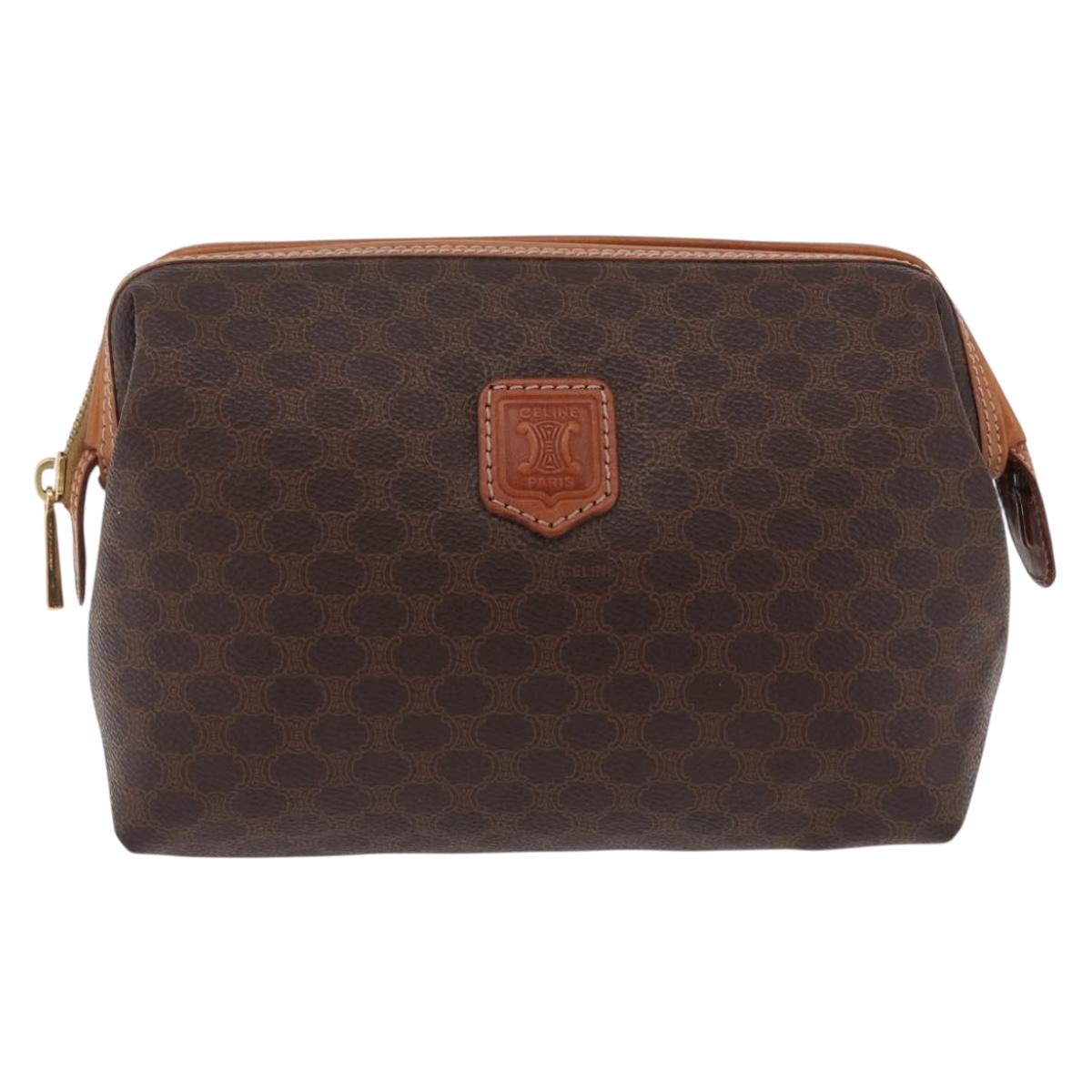 CELINE Macadam Canvas Pouch PVC Brown Gold Tone Auth mr3008A