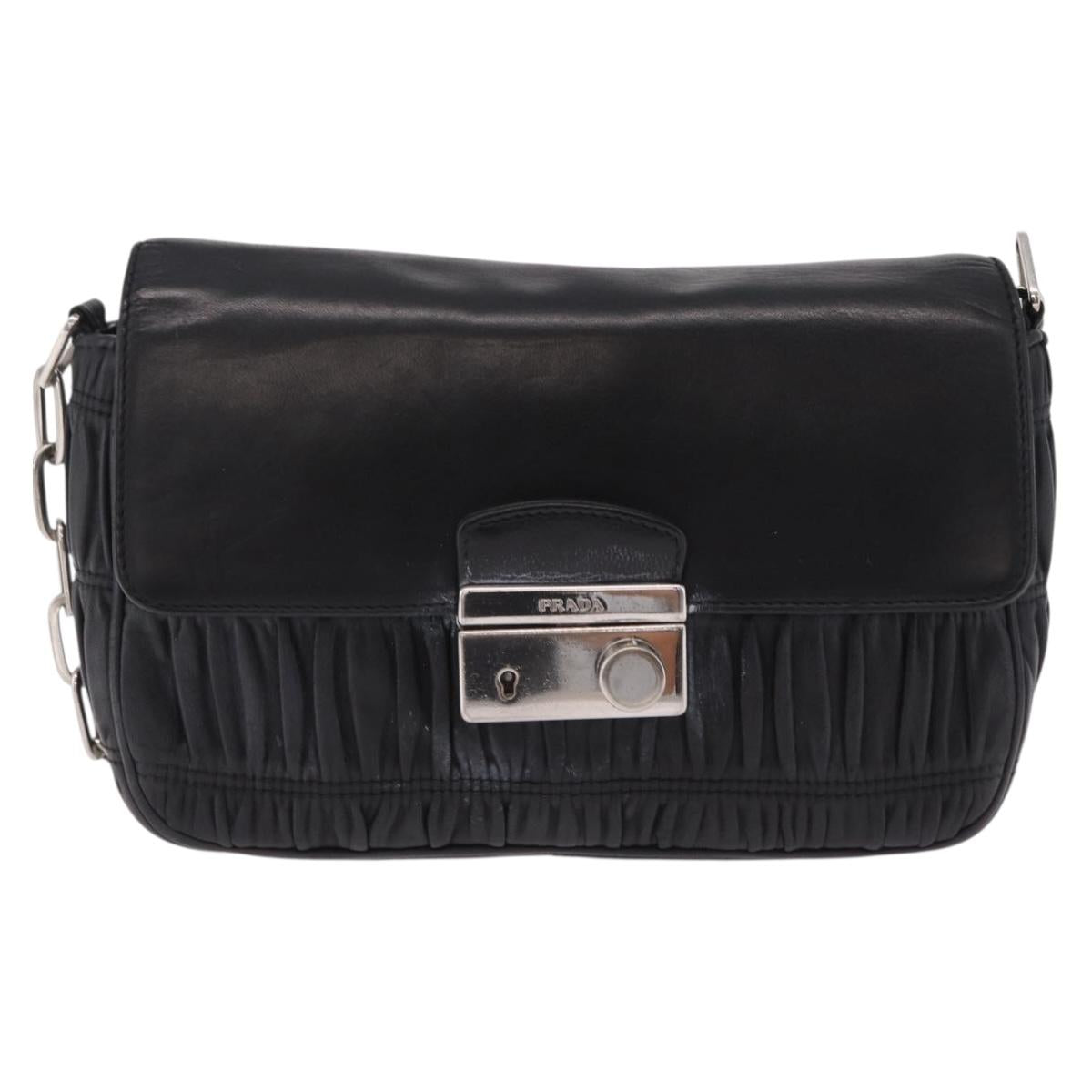 PRADA Chain Shoulder Bag Leather Black Silver Auth mr3021