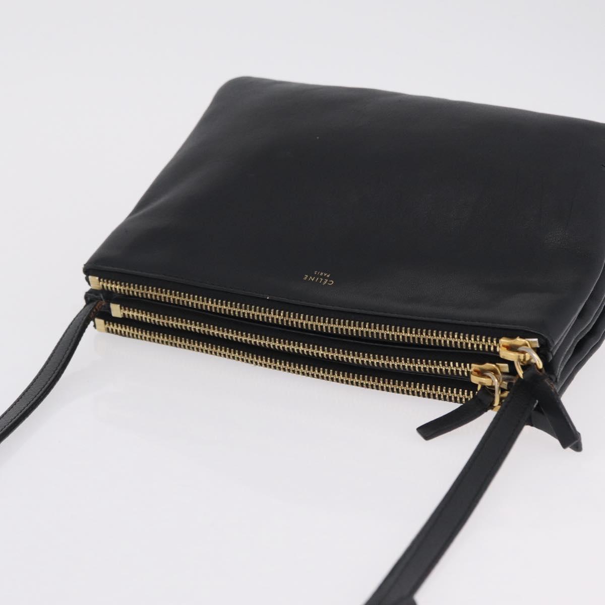 CELINE Trio Shoulder Bag Leather Black Gold Tone Auth mr3023
