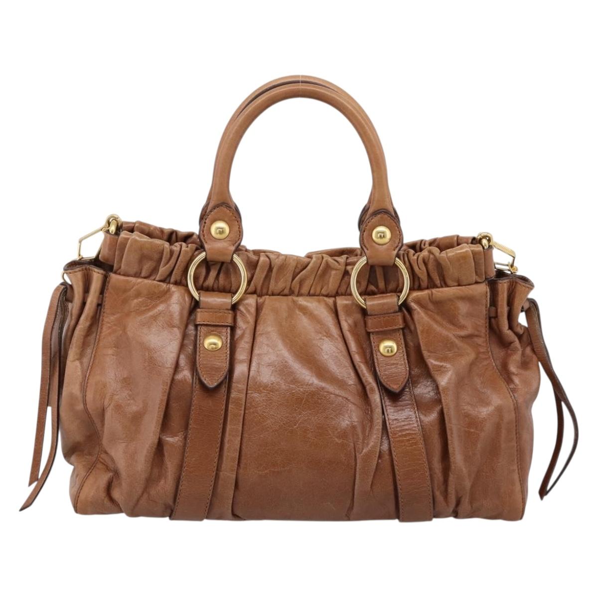 Miu Miu Hand Bag Leather 2way Brown Gold Tone Auth mr3024V