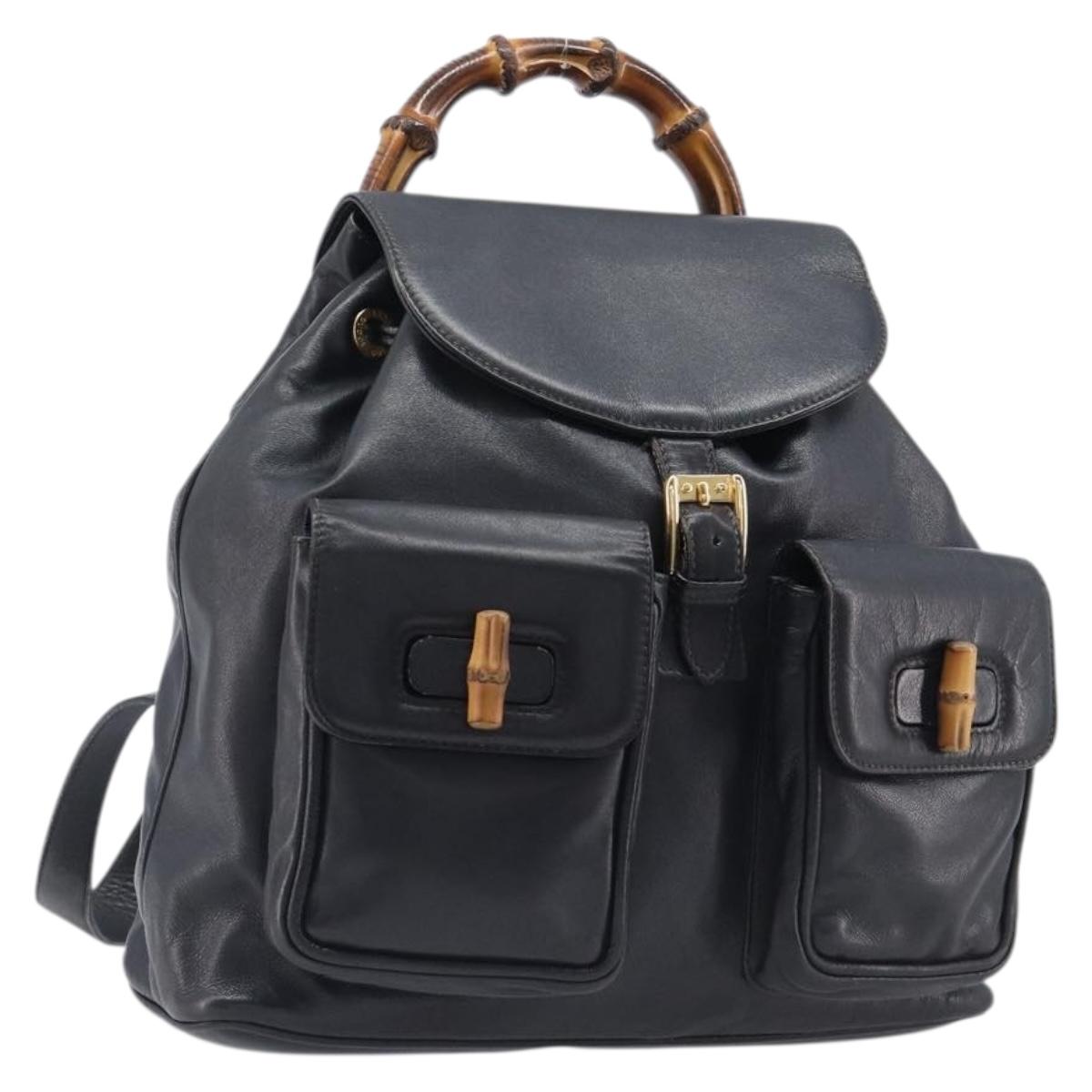 GUCCI Bamboo Backpack Leather Black Gold Tone 003 38 0016 Auth mr3026A