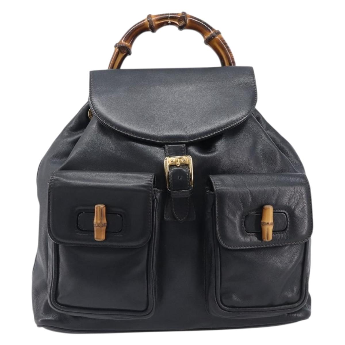 GUCCI Bamboo Backpack Leather Black Gold Tone 003 38 0016 Auth mr3026A