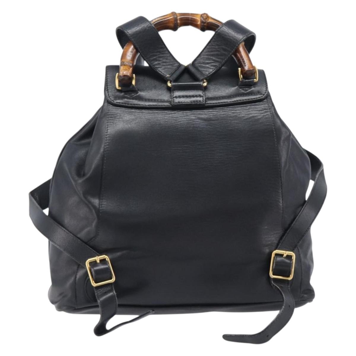 GUCCI Bamboo Backpack Leather Black Gold Tone 003 38 0016 Auth mr3026A