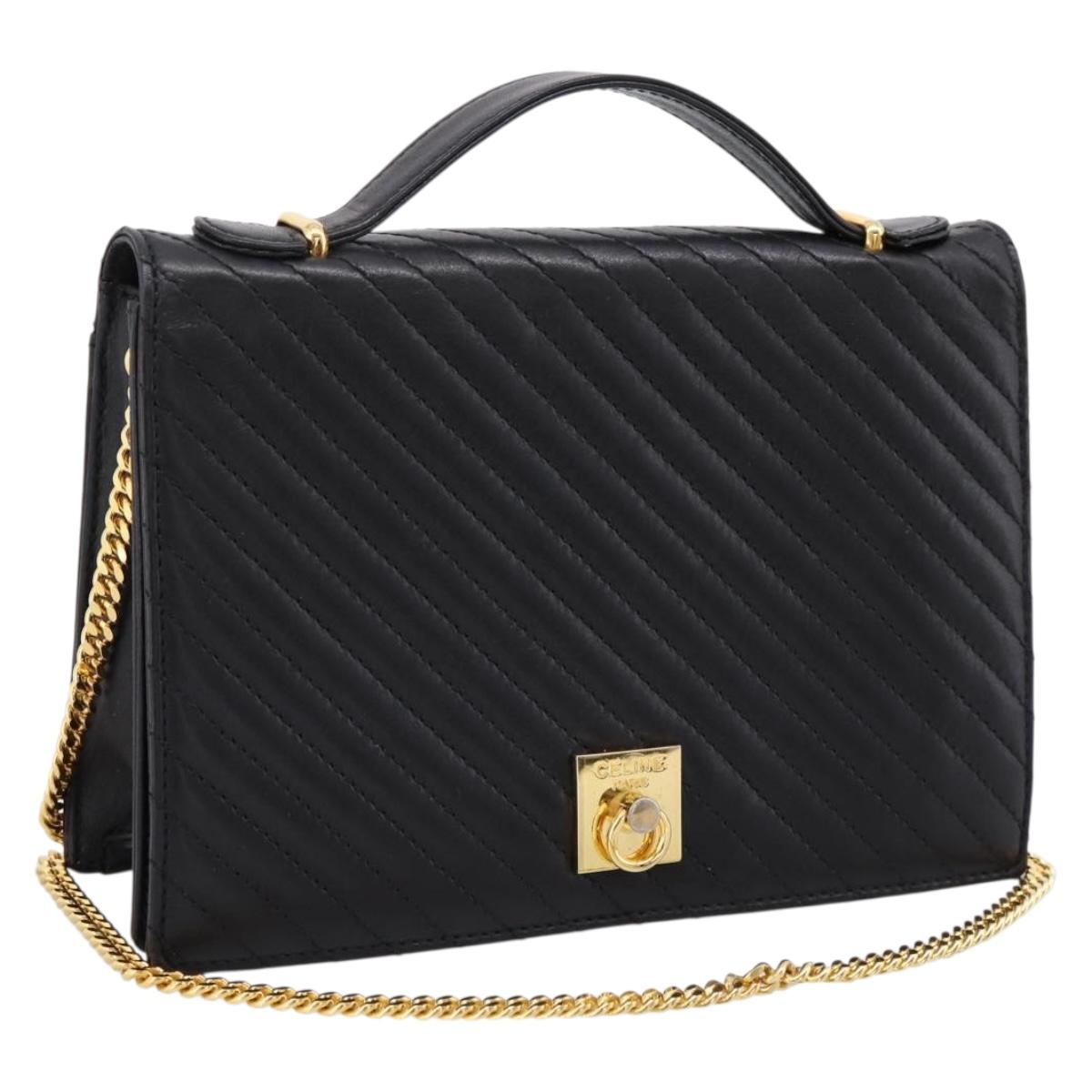 CELINE Hand Bag Leather 2way Black Gold Tone Auth mr3033V