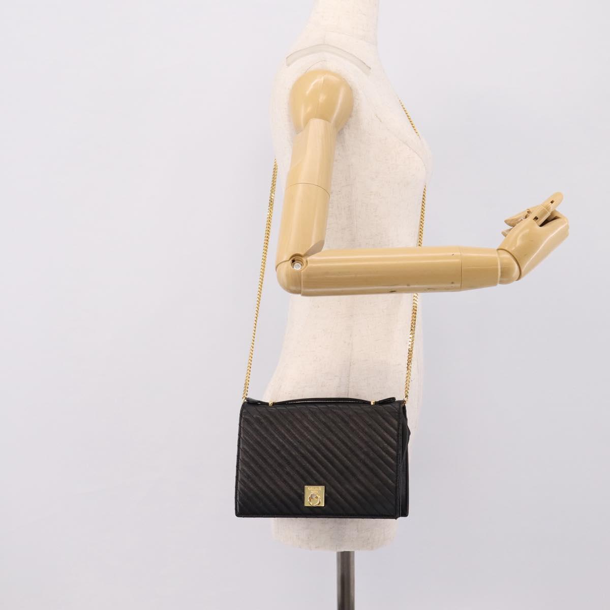CELINE Hand Bag Leather 2way Black Gold Tone Auth mr3033V