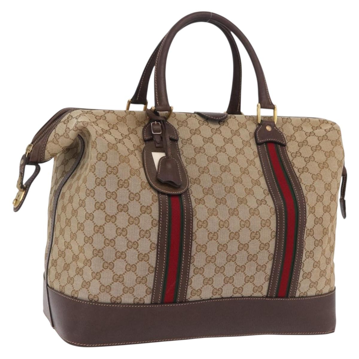 GUCCI GG Canvas Web Sherry Line Boston Bag Beige Gold Tone Auth mr3043