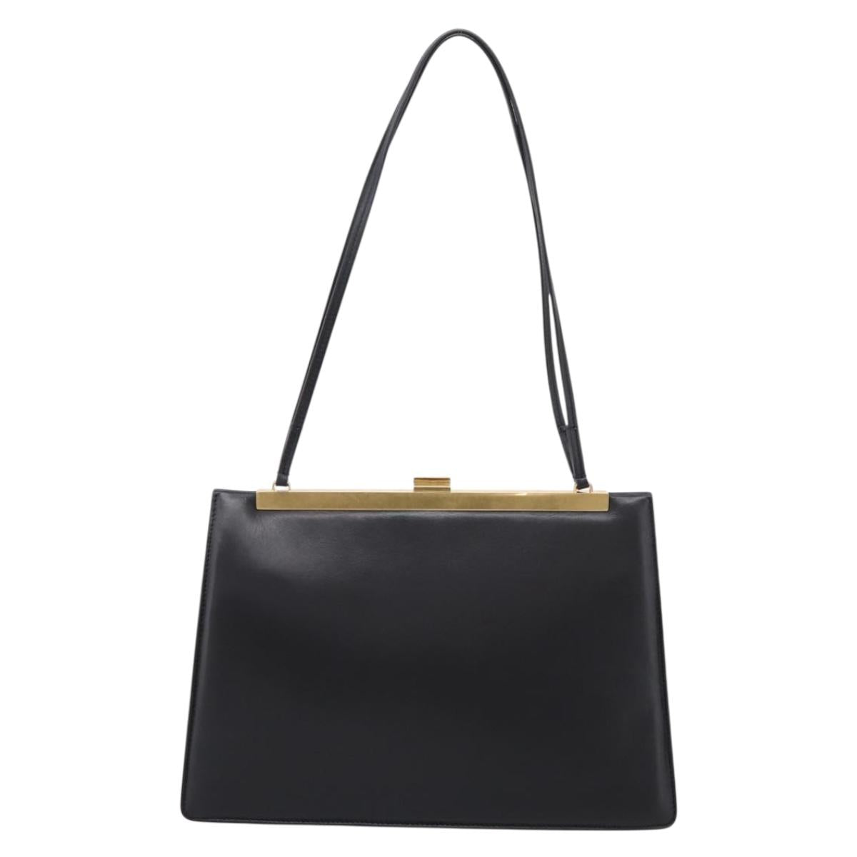 CELINE Soft Clasp Medium Shoulder Bag Leather Black Gold Tone Auth mr3051SM