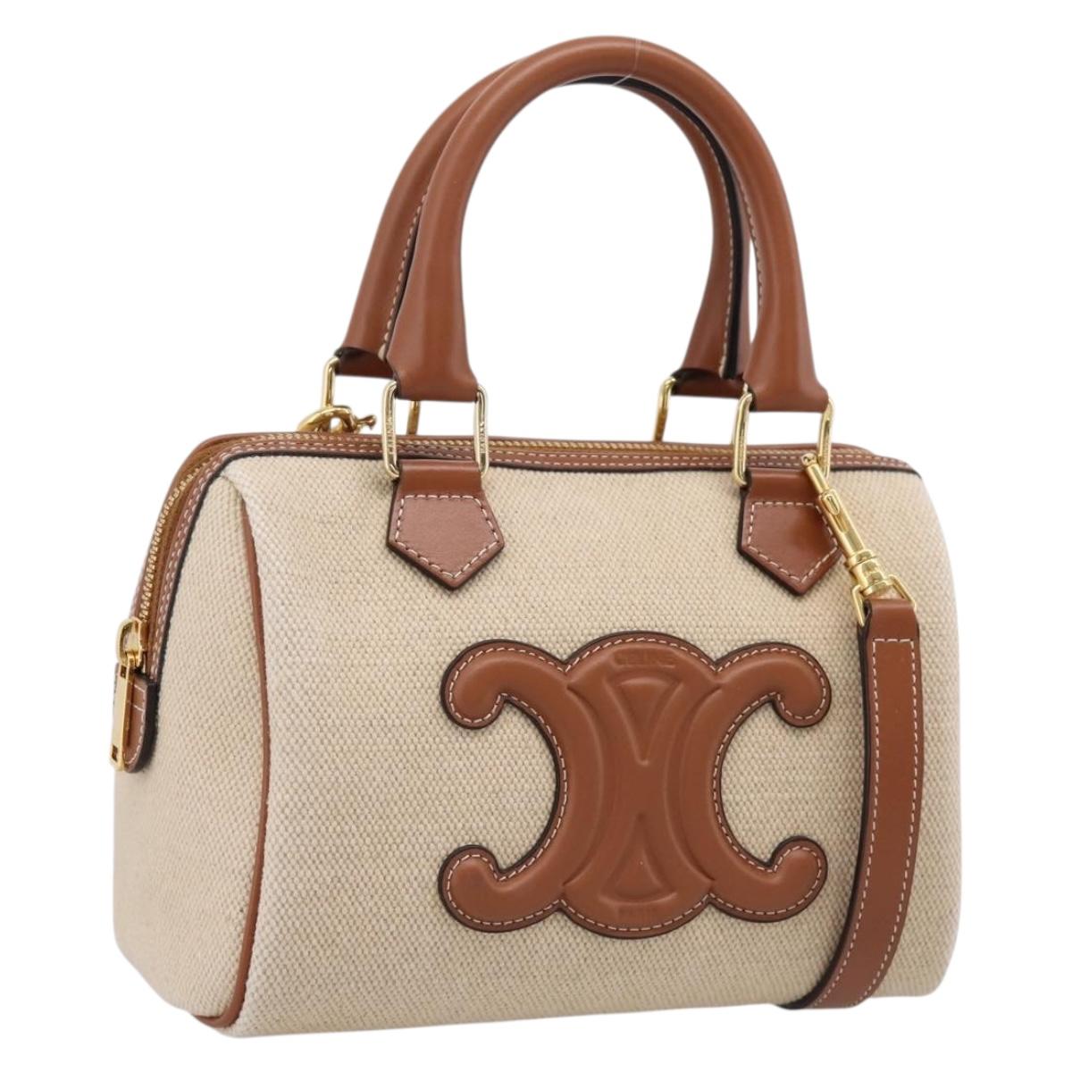 CELINE Hand Bag Canvas 2way Beige Gold Tone Auth mr3055V