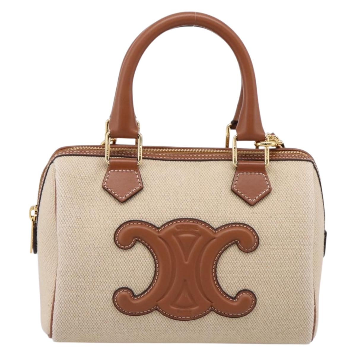 CELINE Hand Bag Canvas 2way Beige Gold Tone Auth mr3055V