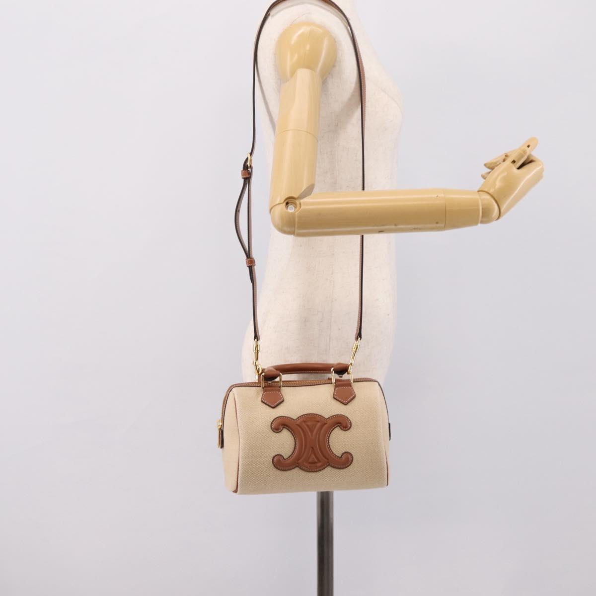 CELINE Hand Bag Canvas 2way Beige Gold Tone Auth mr3055V
