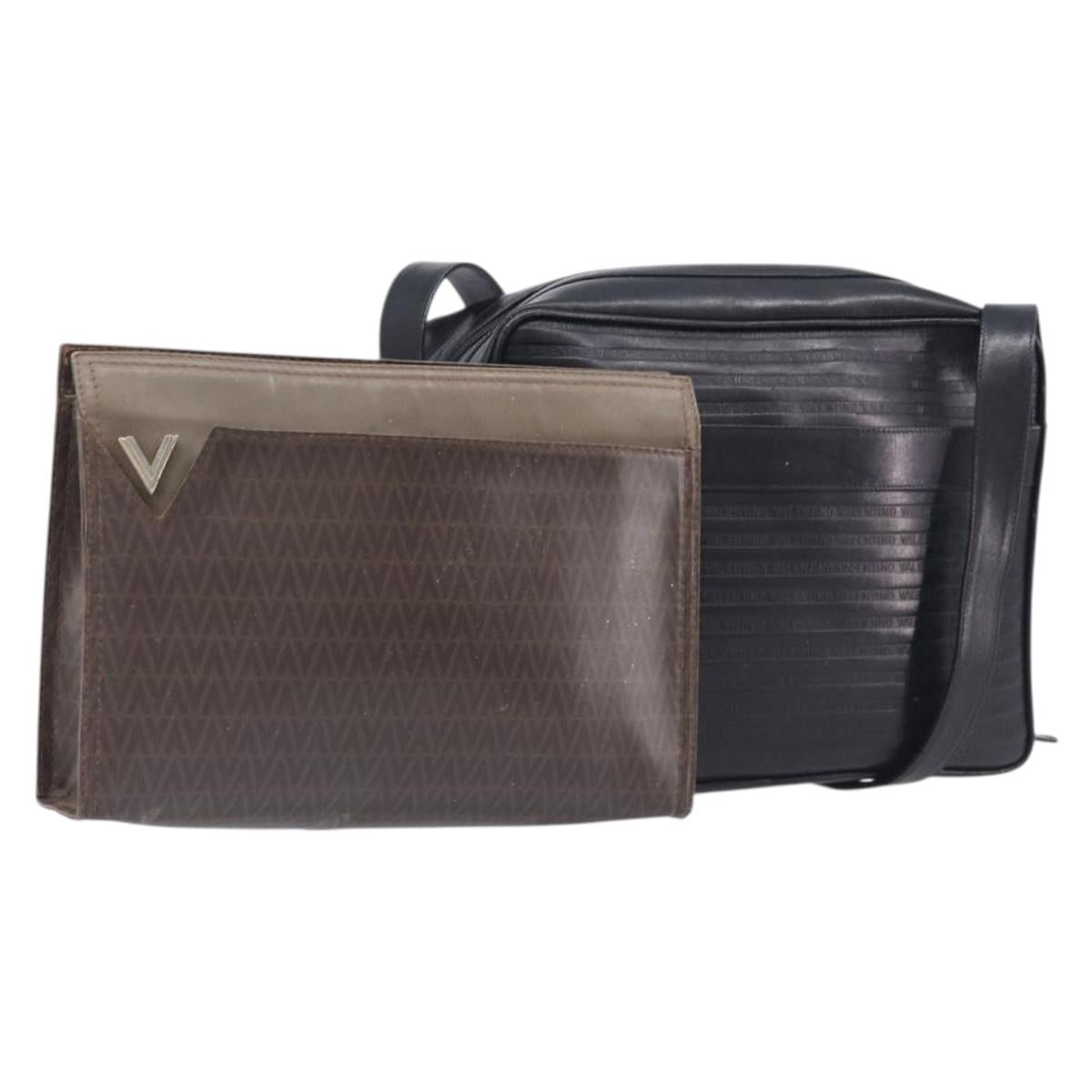 Valentino Clutch Bag Shoulder Bag PVC Leather 2 Set Black Brown Auth mr3065