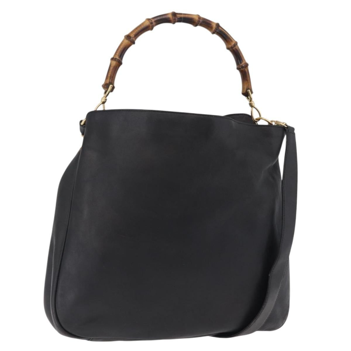 GUCCI Bamboo Hand Bag Leather Black Gold Tone 001 123 1577 Auth mr3072A