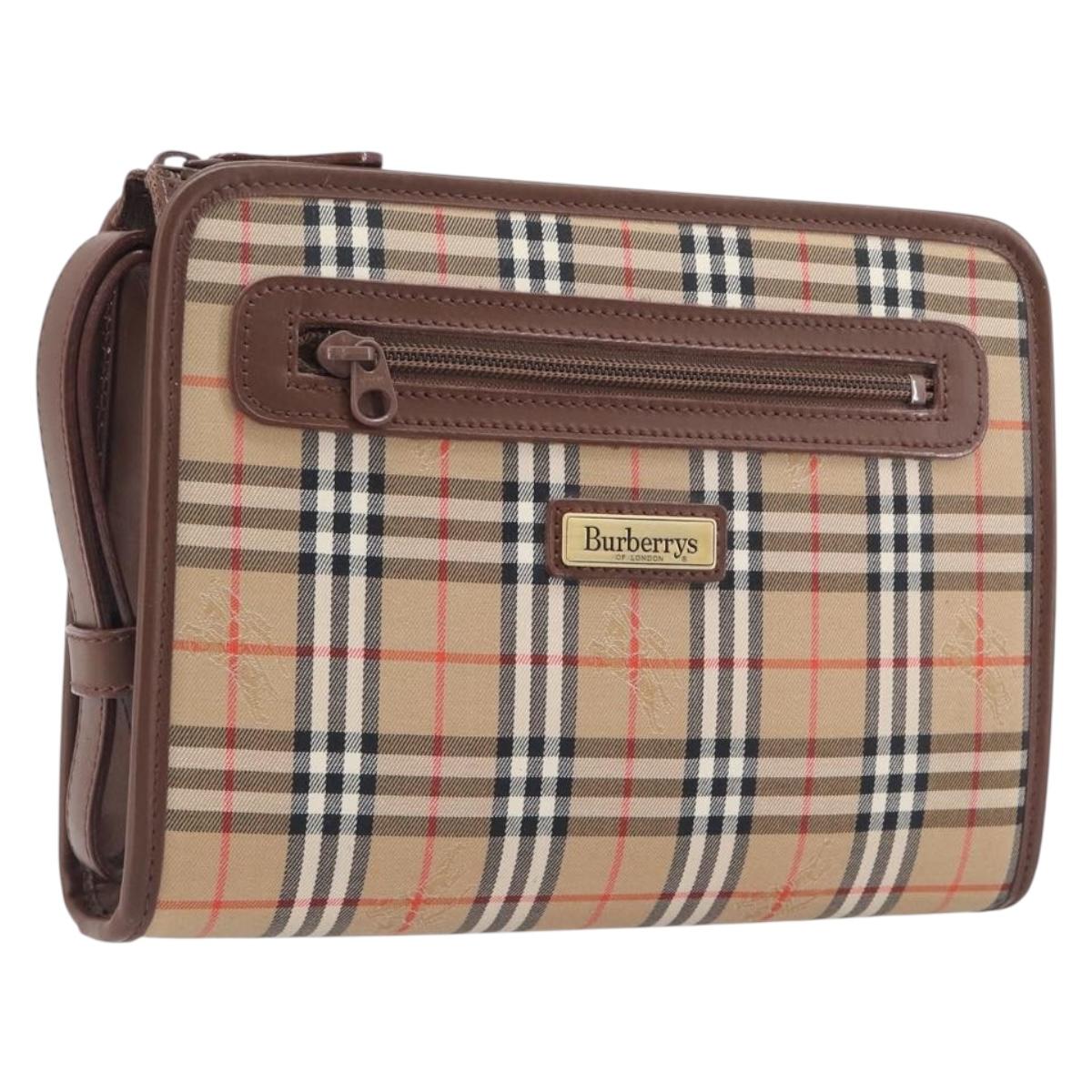 BURBERRY Nova Check Clutch Bag Canvas Beige Gold Tone Auth mr3110