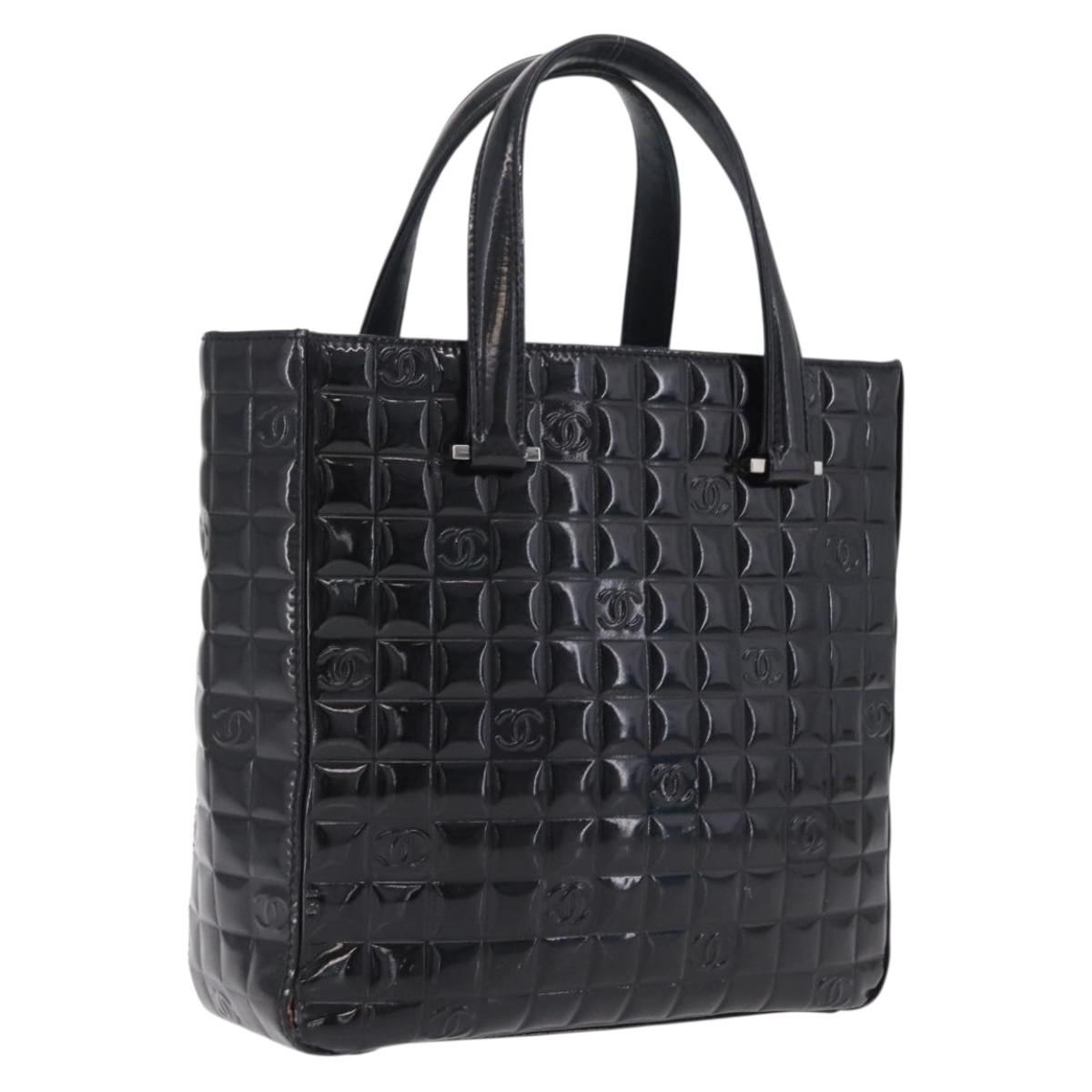 CHANEL Patent leather Hand Bag Leather Black Silver CC Auth mr3124