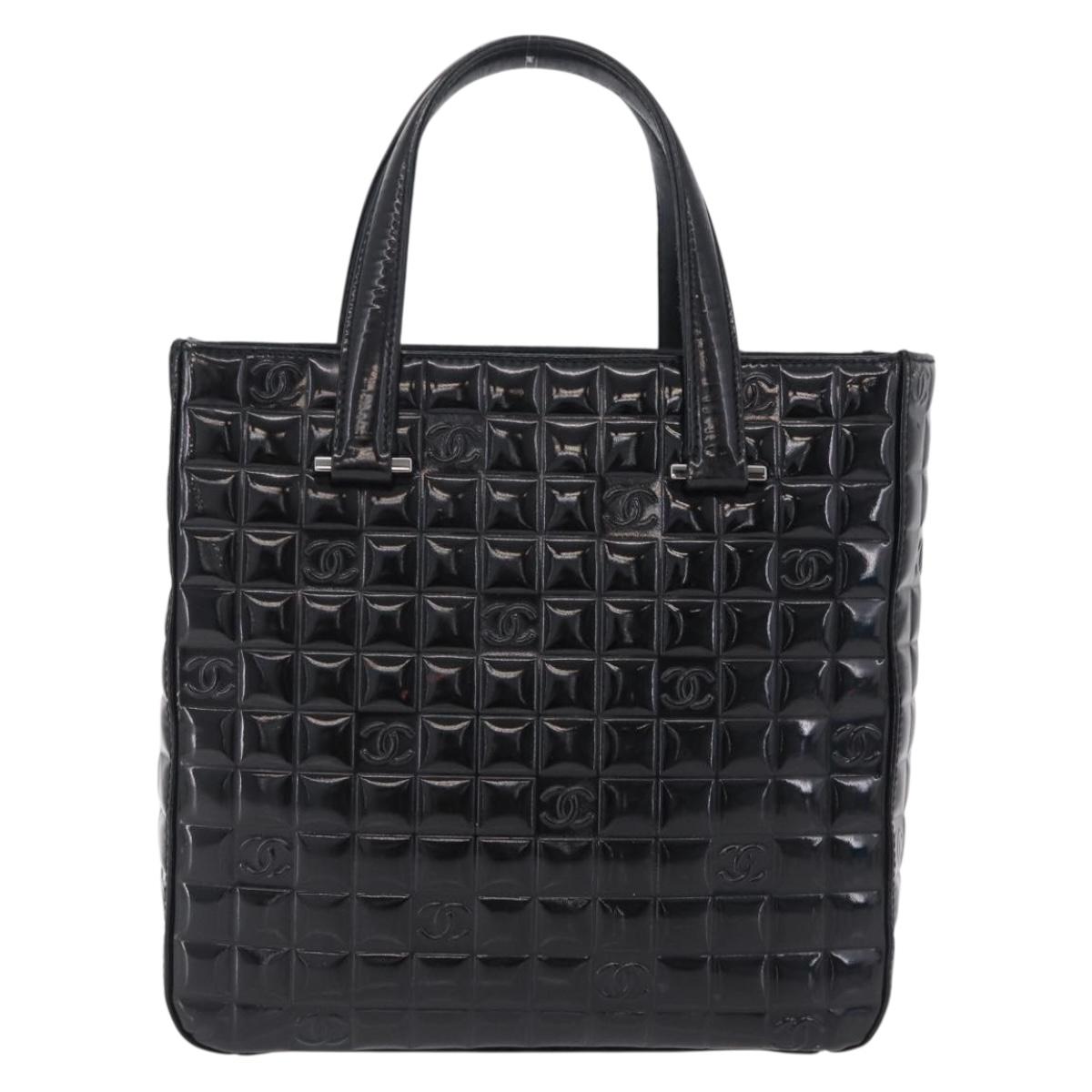 CHANEL Patent leather Hand Bag Leather Black Silver CC Auth mr3124