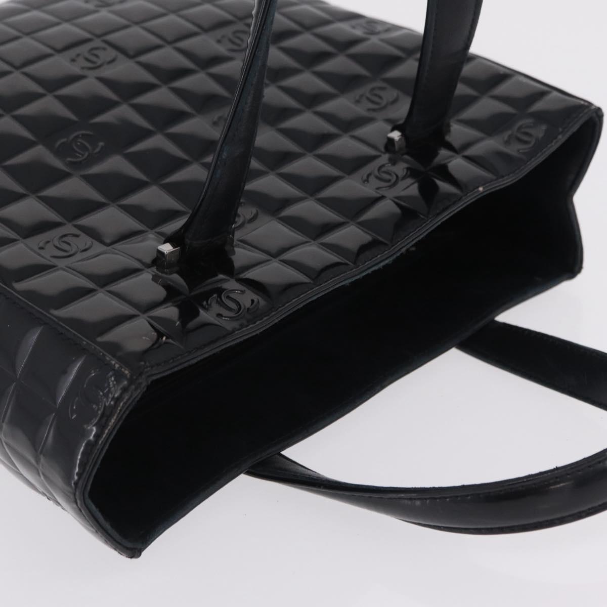 CHANEL Patent leather Hand Bag Leather Black Silver CC Auth mr3124