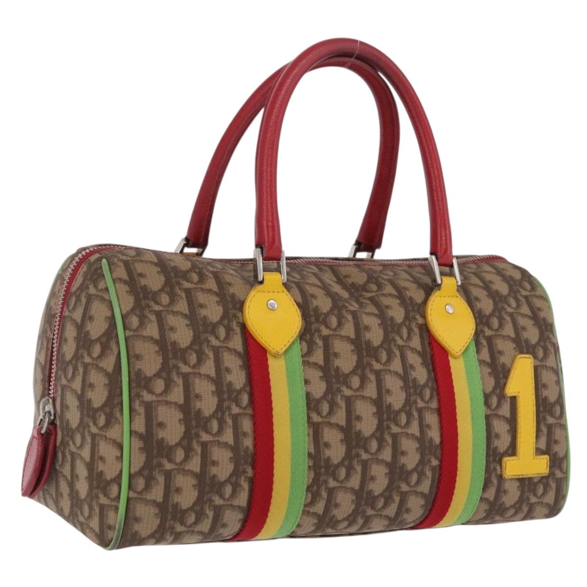 Christian Dior Trotter Canvas Hand Bag PVC Brown Silver Auth mr3125V