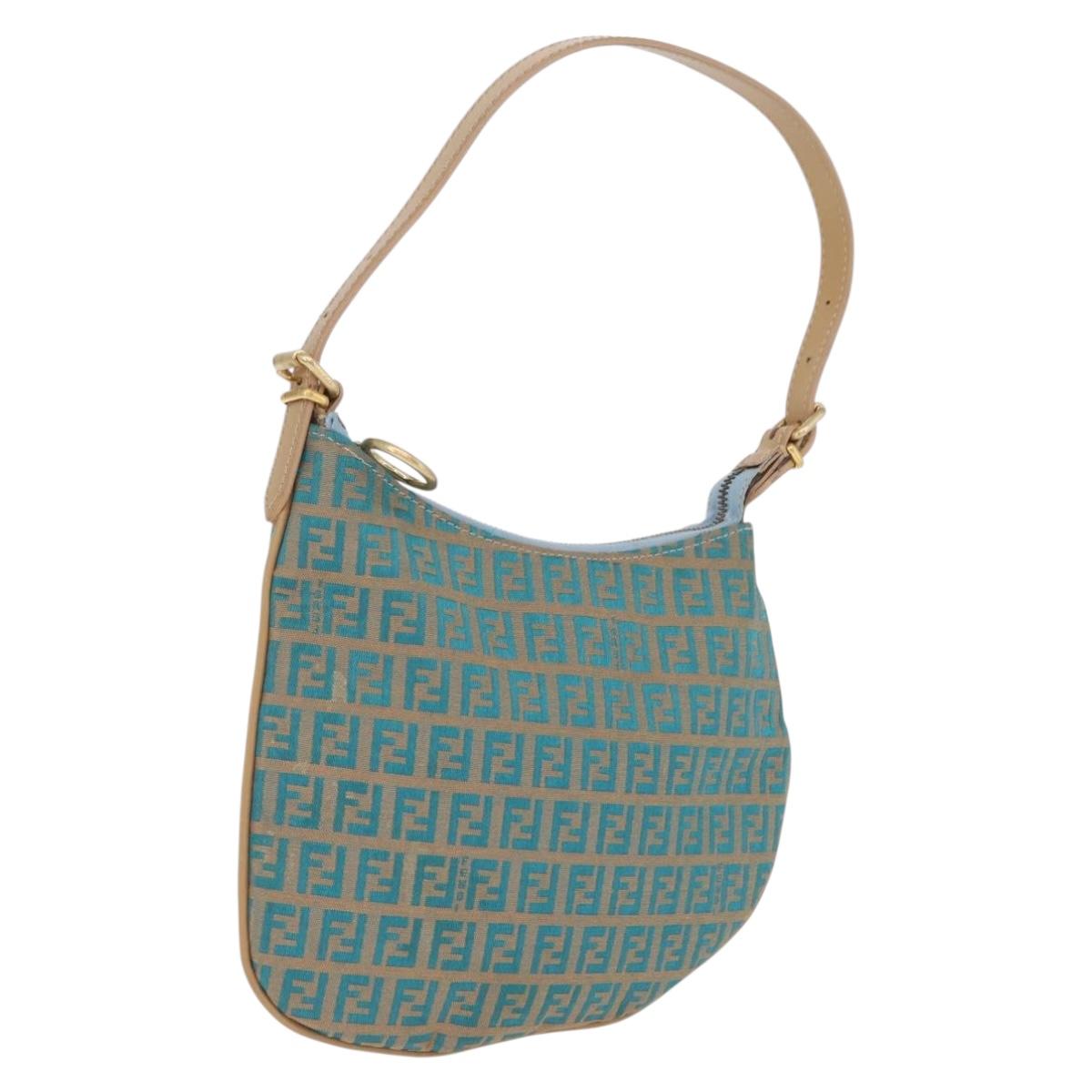 FENDI Zucchino Canvas Shoulder Bag Blue Gold Auth mr3132V