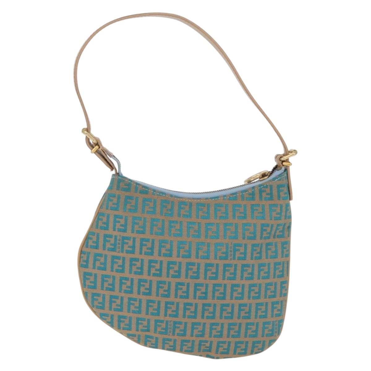 FENDI Zucchino Canvas Shoulder Bag Blue Gold Auth mr3132V