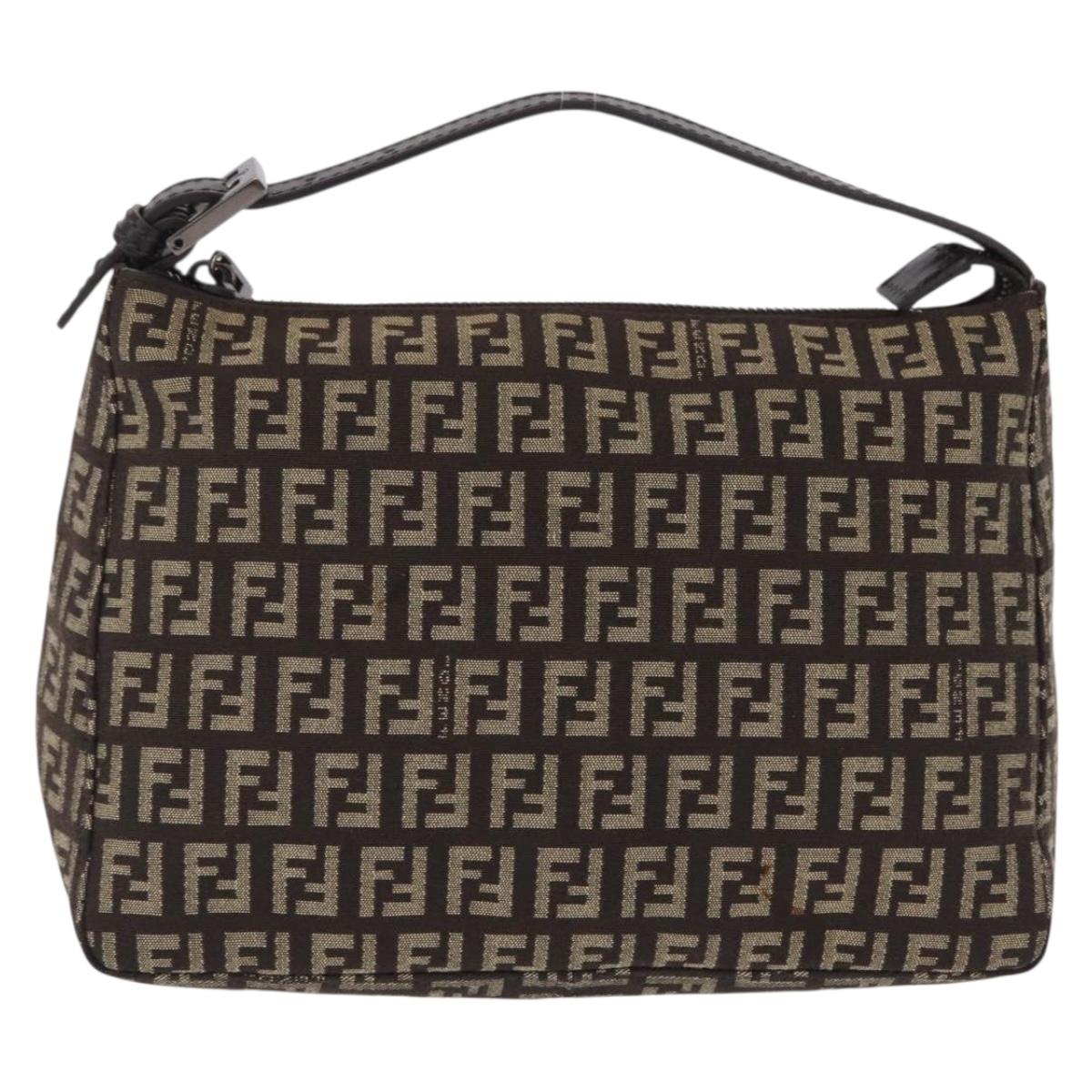 FENDI Zucchino Canvas Accessory Pouch Beige Silver Auth mr3136A
