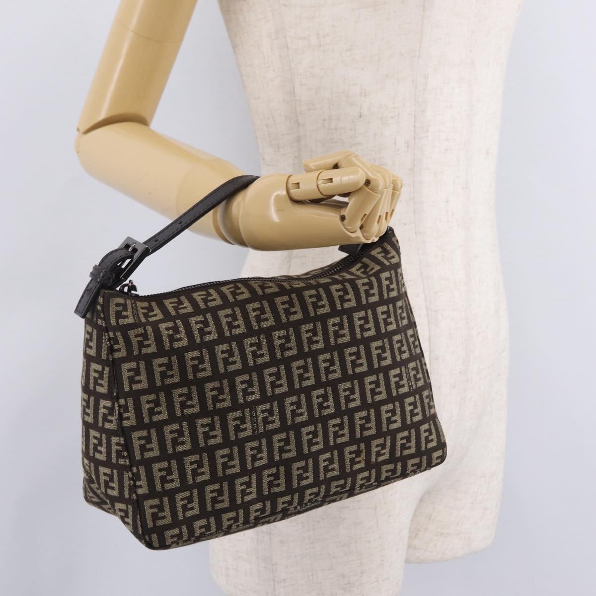 FENDI Zucchino Canvas Accessory Pouch Beige Silver Auth mr3136A