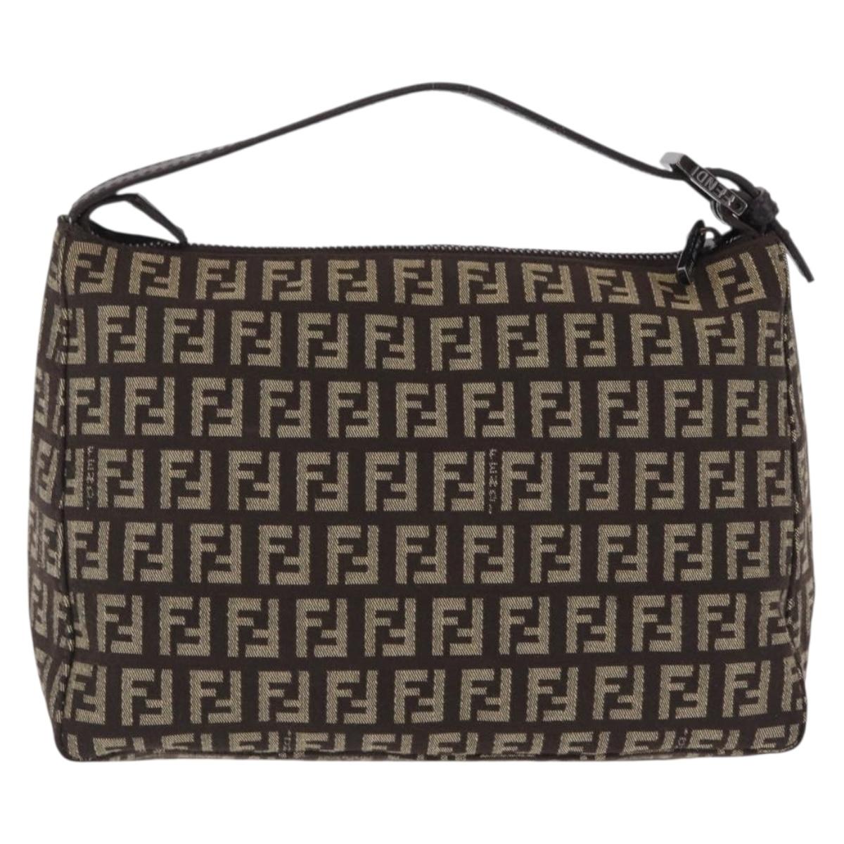 FENDI Zucchino Canvas Accessory Pouch Beige Silver Auth mr3136A