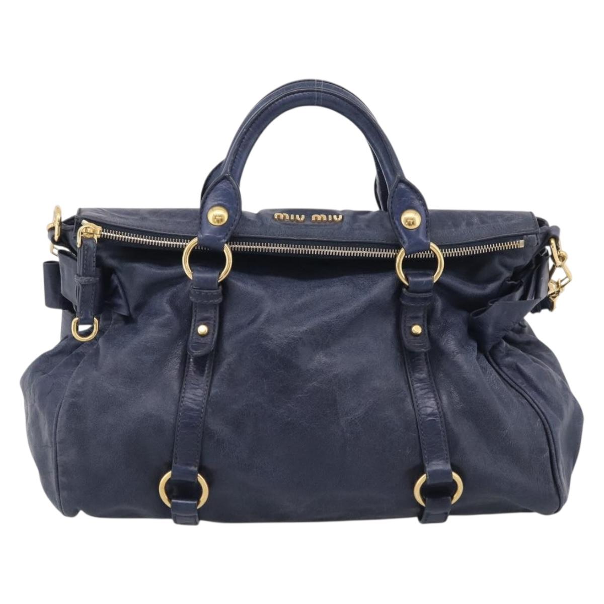 Miu Miu Hand Bag Leather 2way Navy Gold Auth mr3145V