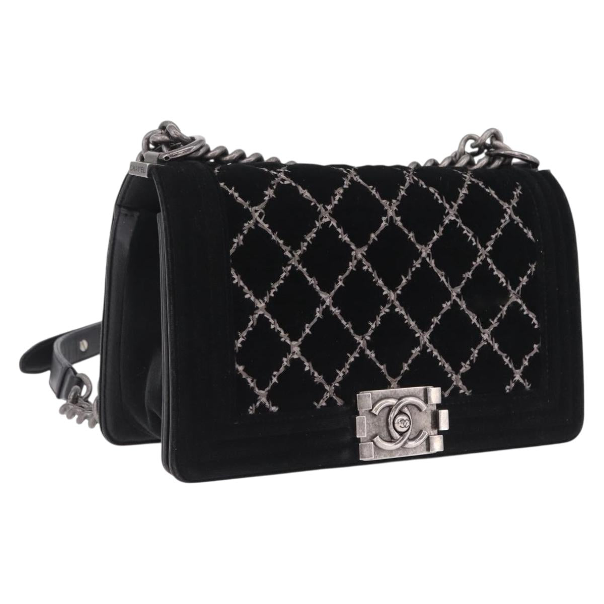 CHANEL Matelasse Boy Chanel Chain Bag Velor Black Silver CC Auth mr3146V