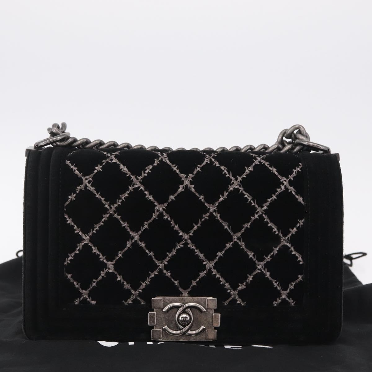 CHANEL Matelasse Boy Chanel Chain Bag Velor Black Silver CC Auth mr3146V