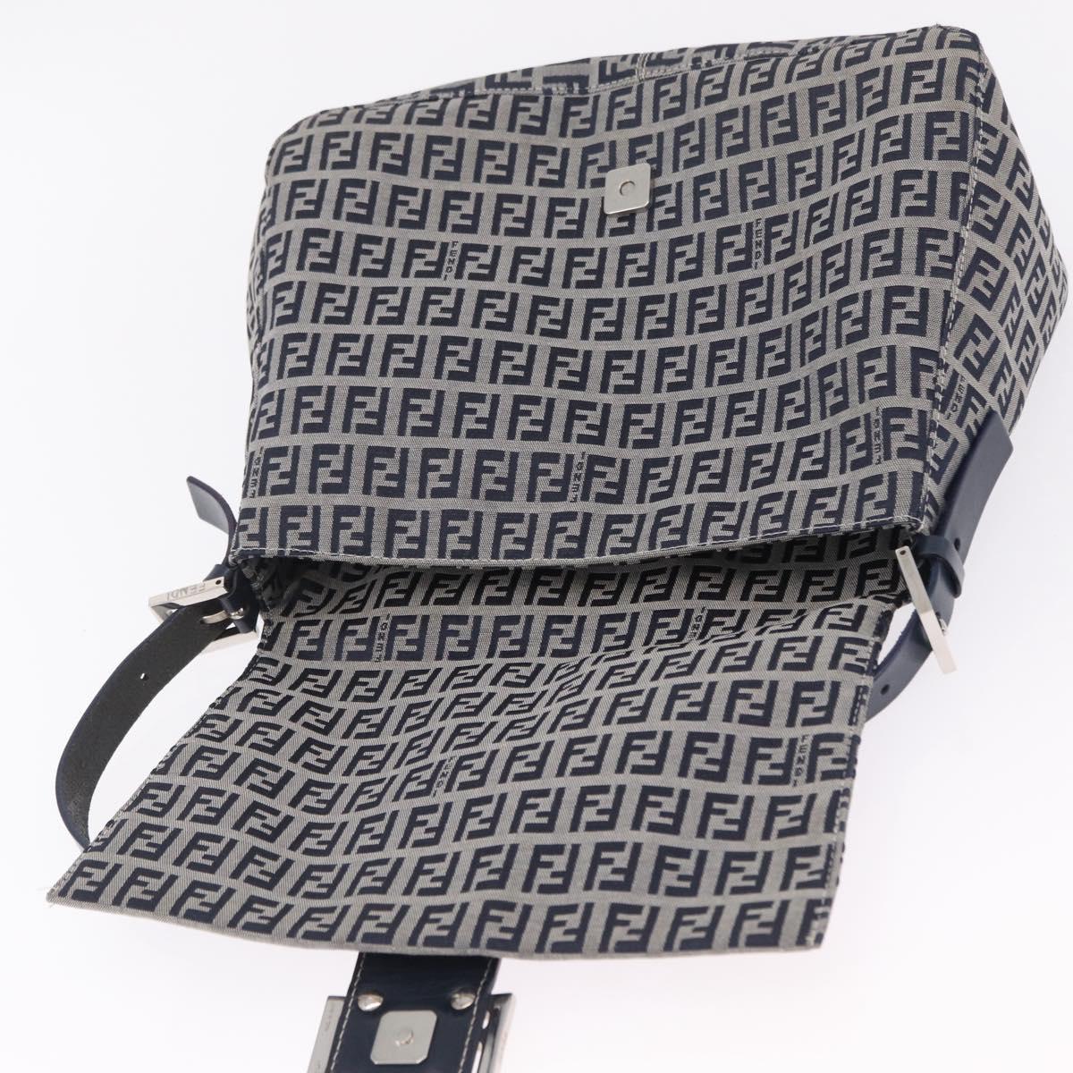 FENDI Zucchino Canvas Mamma Baguette Shoulder Bag Navy Silver Auth mr3148V